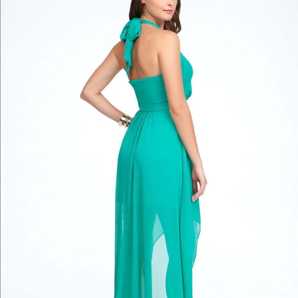 Bebe green high low halter dress, hi lo dress - Picture 2 of 7